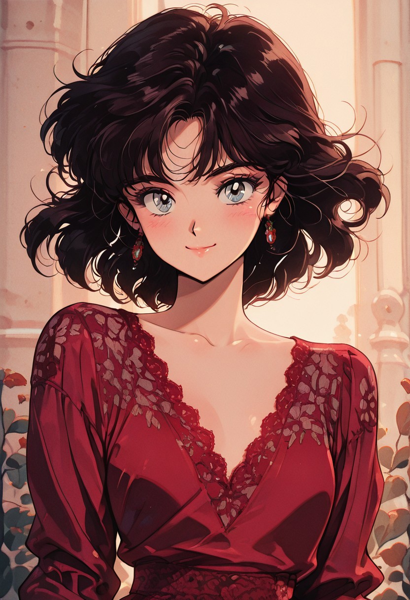 masterpiece,best quality,amazing quality, A close-up of a young woman with striking eyes, flawless skin, and a subtle smile, wearing a chic red dress with intricate lace details, soft lighting, and a warm, natural background, pinkretroanime, retro art