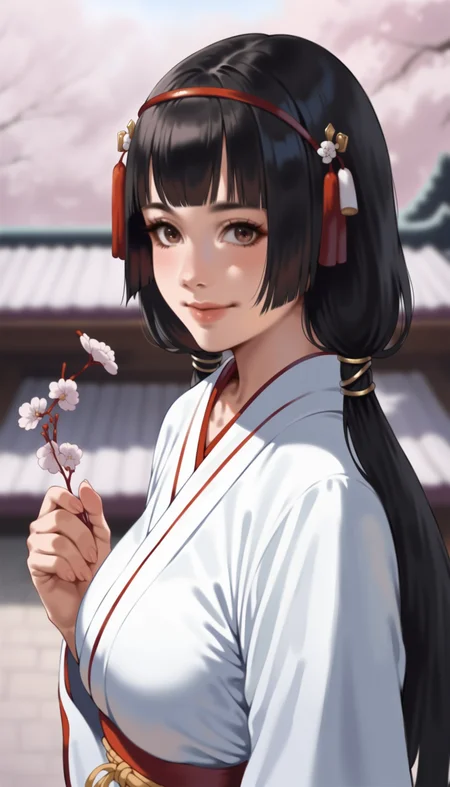 score_9,score_8_up,score_7_up,
<lora:naotoraii:1>,naotora ii,realistic,1girl,solo,
black hair,bangs,blunt bangs,twintails,low twintails,red hair ornament,red hairband,white scrunchie,
miko outfit,
brown eyes,looking at viewer,smile,
outdoors,cherry blossoms,japanese style wall,vignetting,blurry background,
upper body,close up,