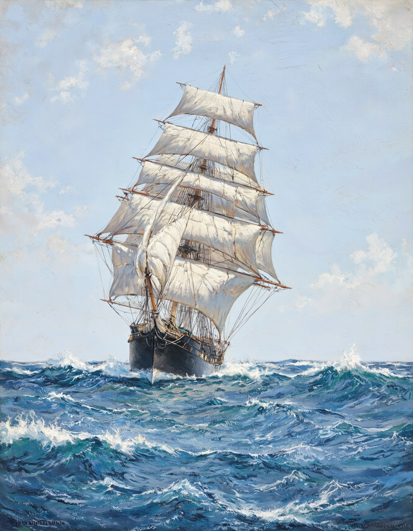 Oil painting by Montague Dawson titled "The Stately Ship." Depicts a full-rigged ship sailing on a turbulent sea. Ship centered in composition, angled slightly to the right, showcasing detailed sails and rigging catching the wind. Blue waves with whitecaps occupy the foreground, suggesting movement and depth. Horizon line low, allowing expansive sky with soft clouds. Lighting suggests early morning or afternoon with soft shadows. Art style falls under marine art, capturing dynamic realism and meticulous attention to nautical detail. Signature in the lower left.