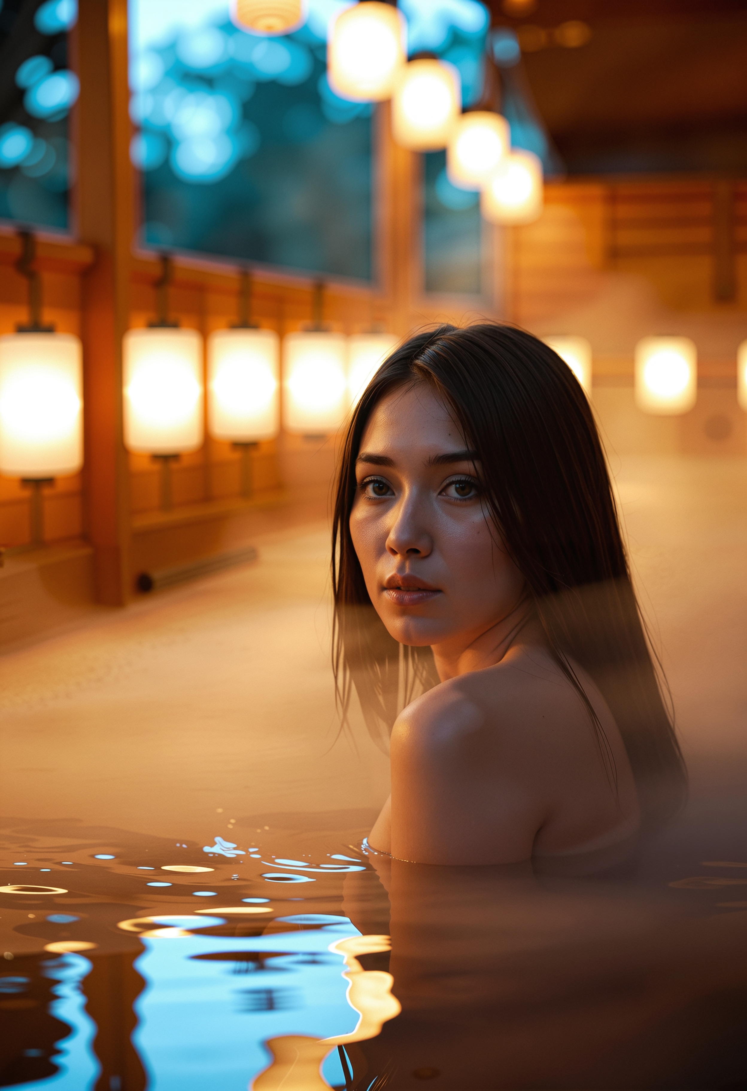 RAW full body analogue photo of a beautiful 25 years _beautiful woman with light brown skin and light brown eyes, with long dark wavy hair <lora:MS_AYJJ_FLUX:1.0> clear focus, high resolution image,,"Kyoto Twilight Bath" In a hinoki wood onsen surrounded by paper lanterns, a woman wearing a translucent yukata slips into the steaming water, a folded towel resting on her shoulder; lens fog softens skin tones, faint silhouettes of trees behind the screen wall., <lora:fluxlisimo_aura_v1-FLUX:0.7>,