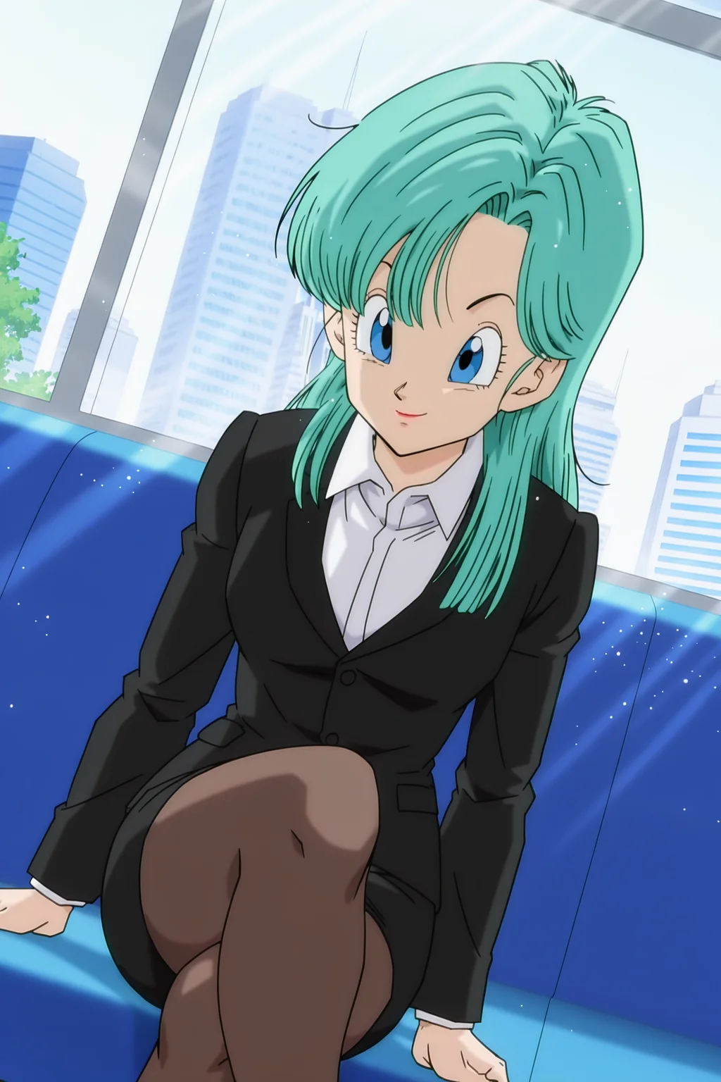 anime screencap, masterpiece, best quality, amazing quality, very aesthetic, absurdres, newest, (scenery, volumetric lighting), dappled sunlight, light particles, light rays, official style,
bulma, DBZ, pre-namek saga, long hair, blue eyes, aqua hair, hair down,
formal, black suit, black skirt, pantyhose, sitting, white collared shirt, crossed legs, office, window, skyscraper, day, cowboy shot, dutch angle,
<lora:Bulma_XIL:0.8>