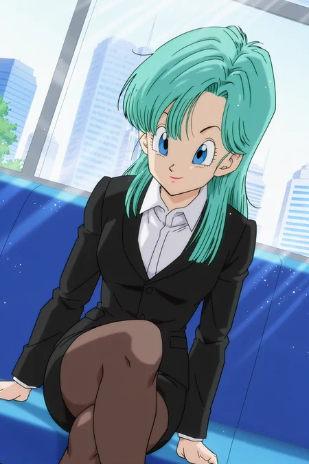 anime screencap, masterpiece, best quality, amazing quality, very aesthetic, absurdres, newest, (scenery, volumetric lighting), dappled sunlight, light particles, light rays, official style,
bulma, DBZ, pre-namek saga, long hair, blue eyes, aqua hair, hair down,
formal, black suit, black skirt, pantyhose, sitting, white collared shirt, crossed legs, office, window, skyscraper, day, cowboy shot, dutch angle,
<lora:Bulma_XIL:0.8>