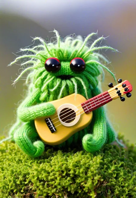 woolly spider plays a green ukulele