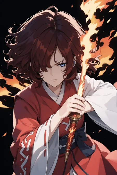 score_max, (score_9, score_8_up, score_7_up:1.2), score_6_up, official art, source_anime,
, masterpiece, absurdres, high detail, 8k,
black background, flaming weapon, pyrokinesis, cowboy shot,
pyrokinesis, flaming sword, action pose,, serious, half-closed eyes,
ami, brown hair, hair over one eye, messy hair, medium hair, miko, wide sleeves, stud earrings,
<lora:XL_Pony_anime-lupin5-ami-t2:1.3>