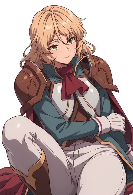 Smooth Quality,masterpiece,very intricate, high quality details, ultra realistic, high detailed skin,detailed enviorement,absurdres,
simple background, white background,
dutch angle,afterglow,reclining, arms folded behind head, one knee bent, looking up, peaceful mood, ,
<lora:Blade_cnn:0.8>bladecnn,1girl, blonde hair, green eyes, long hair, armor, uniform, long sleeves, gloves, white pants, ascot,shoulder armor,cape, coat,