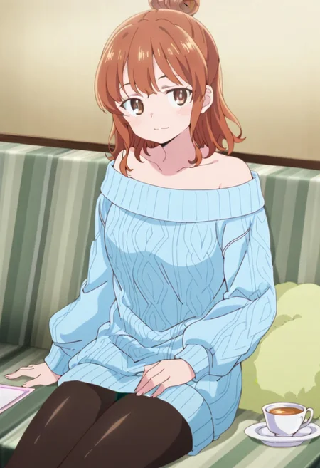 anime coloring, anime screencap, masterpiece, best quality,
<lora:Moeko_Sekine_Illustrious:.9>
Moeko blue shoulderless sweater (outfit), Moeko Sekine, 1girl, solo, sweater, pantyhose, hair bun, black pantyhose, brown hair, brown eyes, off shoulder, lap pillow invitation, brown eyes, blue sweater, saucer, single hair bun, looking at the viewer, :)