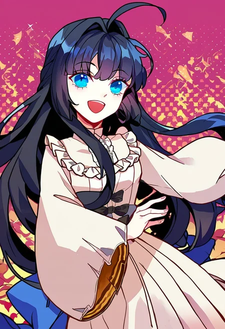 score_9,score_8_up,score_7_up,source_anime,zPDXL3,
*//*,<lora:BlancheFreidkin_v1.0:1.1>,blanche_freidkin1girl,blue eyes,black hair,long hair,hair intakes,ahoge,white dress,frilled dress,bow,
*//*,upper body,smile,open mouth,dutch angle,
