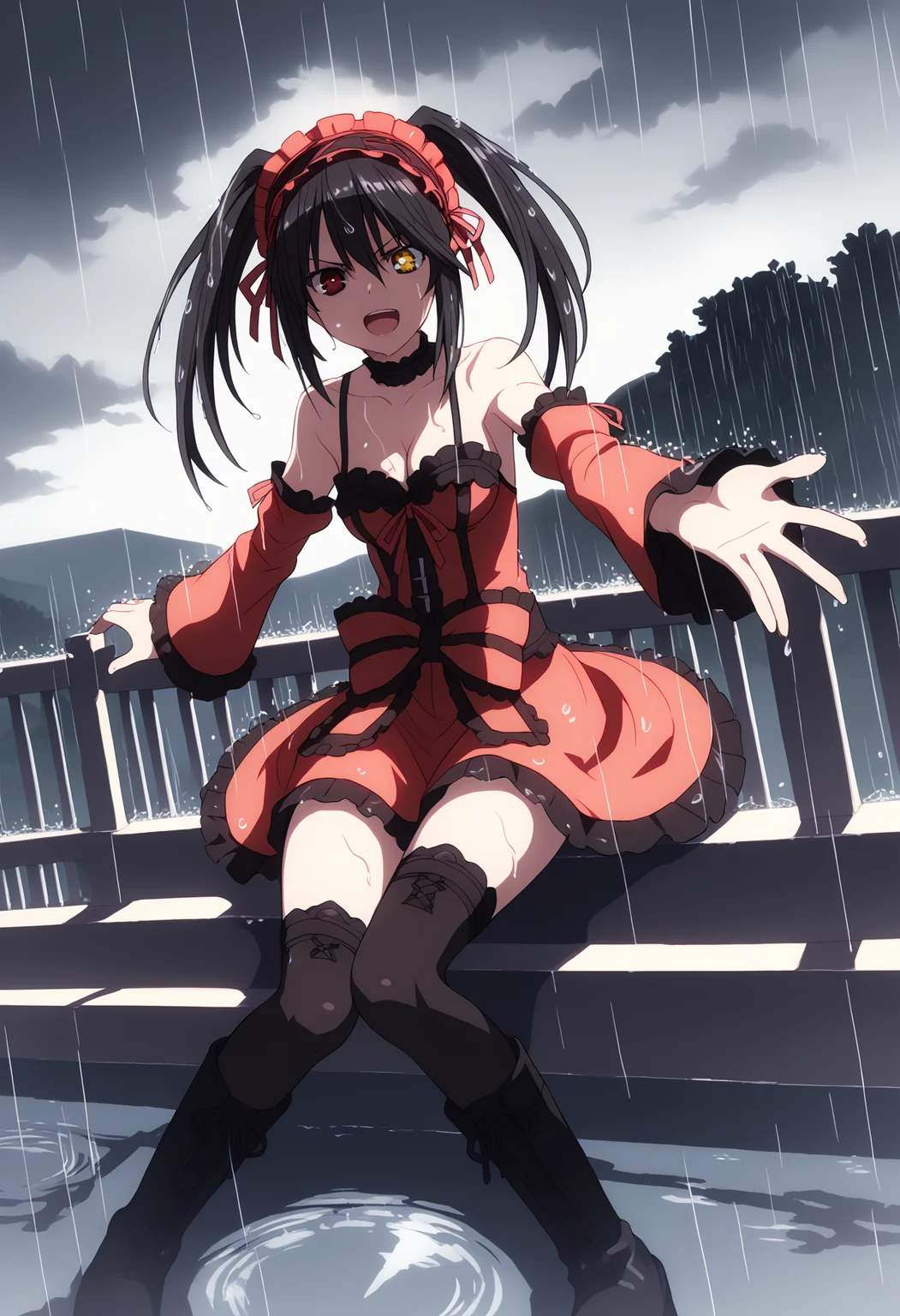score_9, score_8_up, score_7_up, source_anime, rating_explicit,
BREAK
<lora:shiRainingV1:1>, shirain, rain, night,
outdoors, wet, wet hair, sitting, against wall,
1girl, solo,
<lora:shiKurumiV2:1> kurdef, long hair, black hair, twintails, red eyes, yellow eyes, clock eyes, heterochromia, hairband, bare shoulders, detached sleeves, choker, red dress, cleavage, bow, black thighhighs, lace-up boots,
looking at viewer, angry, shadow, lightning, cloud,
rooftop, railing, outstretched arms, laughing, open mouth, reflection,