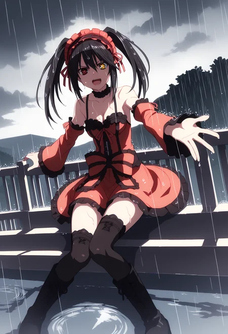 score_9, score_8_up, score_7_up, source_anime, rating_explicit,
BREAK
<lora:shiRainingV1:1>, shirain, rain, night,
outdoors, wet, wet hair, sitting, against wall,
1girl, solo,
<lora:shiKurumiV2:1> kurdef, long hair, black hair, twintails, red eyes, yellow eyes, clock eyes, heterochromia, hairband, bare shoulders, detached sleeves, choker, red dress, cleavage, bow, black thighhighs, lace-up boots,
looking at viewer, angry, shadow, lightning, cloud,
rooftop, railing, outstretched arms, laughing, open mouth, reflection,