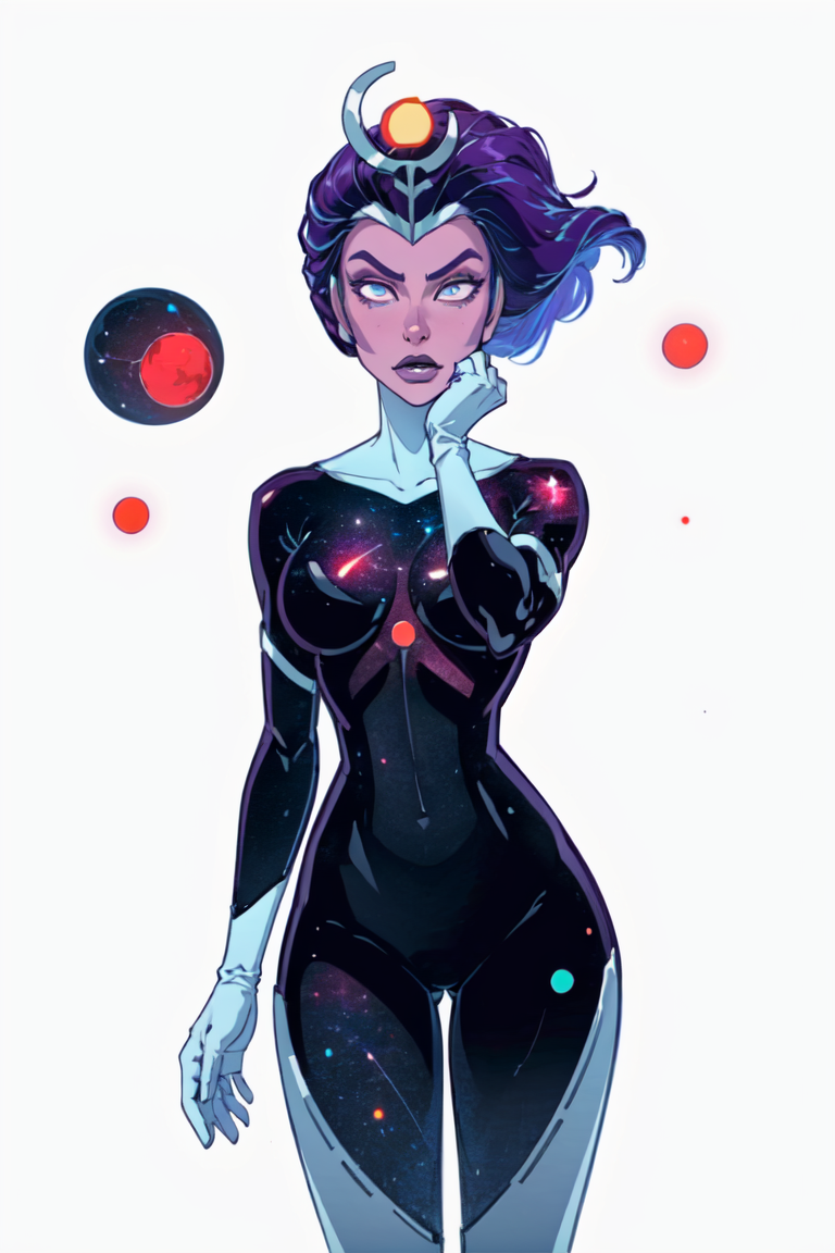 (Supernova), bodysuit, gloves, purple skin, (solid white background, plain background:1.5), (realistic:1.2), (masterpiece:1.2), (full-body-shot:1),(Cowboy-shot:1.2), dark romantic lighting, (highly detailed:1.2), (detailed face:1.2), (gradients), colorful, detailed eyes, (natural lighting:1.2), solo, <lora:add_detail:0.3> <lora:BeautifulEyes:0.6> <lora:RickandMortySupernova-10:0.8>