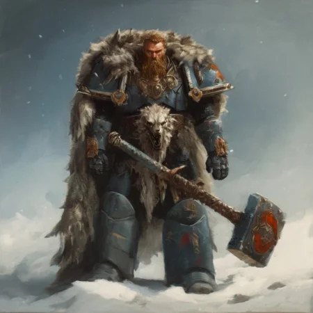 Space wolf warrior with beard is in winter landscape, he is a werewolf space marine,  he as heavy scars, he has his huge runic hammer in his hands, portrait style, viking, norse, beard, clad in ripped furs and pieces of old worn space wolf armor, his hammer is burried into a giant dead enemy demon, Black over black, top light, masterful painting in the style of Anders Zorn | Marco Mazzoni | Yuri Ivanovich, Todd McFarlane, oil on canvas
<lora:add-detail-xl:1> <lora:MJ52:0.5>