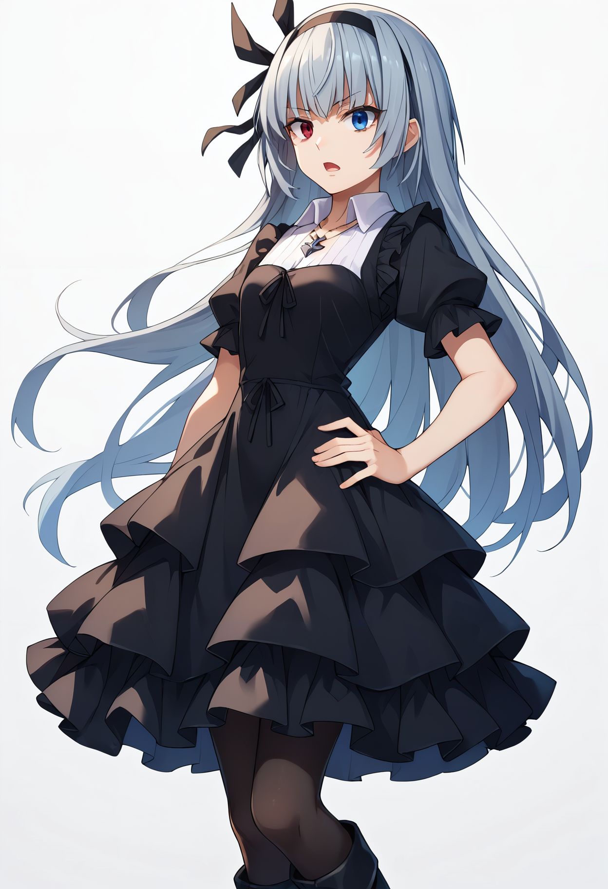 score_9, score_8_up, score_7_up, score_6_up, <lora:luminous_valentine_pdxl_goofy:1>lvslime, 1girl, solo, heterochromia, long hair, blue eyes, dress, red eyes, hairband,white collar, black dress, boots, gothic , pantyhose, looking at viewer, necklace, simple background, jewelry, black footwear,  black hairband, open mouth, white background, hand on hip, ribbon, grey hair, black ribbon, black pantyhose, very long hair, frilled dress, bangs, short sleeves, hair ribbon