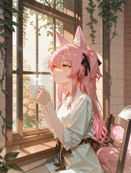 (pastel colors: 1.2),solo, 1girl, fox girl, pink hair, two_side_up, hair_between_eyes, long_hair, yellow_eyes, hair_ribbon, black_ribbon, fox ears,small_breasts, tsurime, sidelocks, fluffy tail,
, sitting, chair, desk, holding cup, steam, two-handed, looking_at_viewer, from outside, window, sash, from side, upper body, brick_wall, indoors, vines, rose, blurry_foreground, depth of field, warm theme, afternoon, raytrace, light_particles, glass reflection, sensitive, th_wn, alp, {dino \(dinoartforame\), ciloranko}, [[[[kuroduki \(pieat\)]]]], [[ask \(askzy\)]], maeda_hiroyuki,year 2023, masterpiece,best quality,newest,absurdres,highres,very awa,