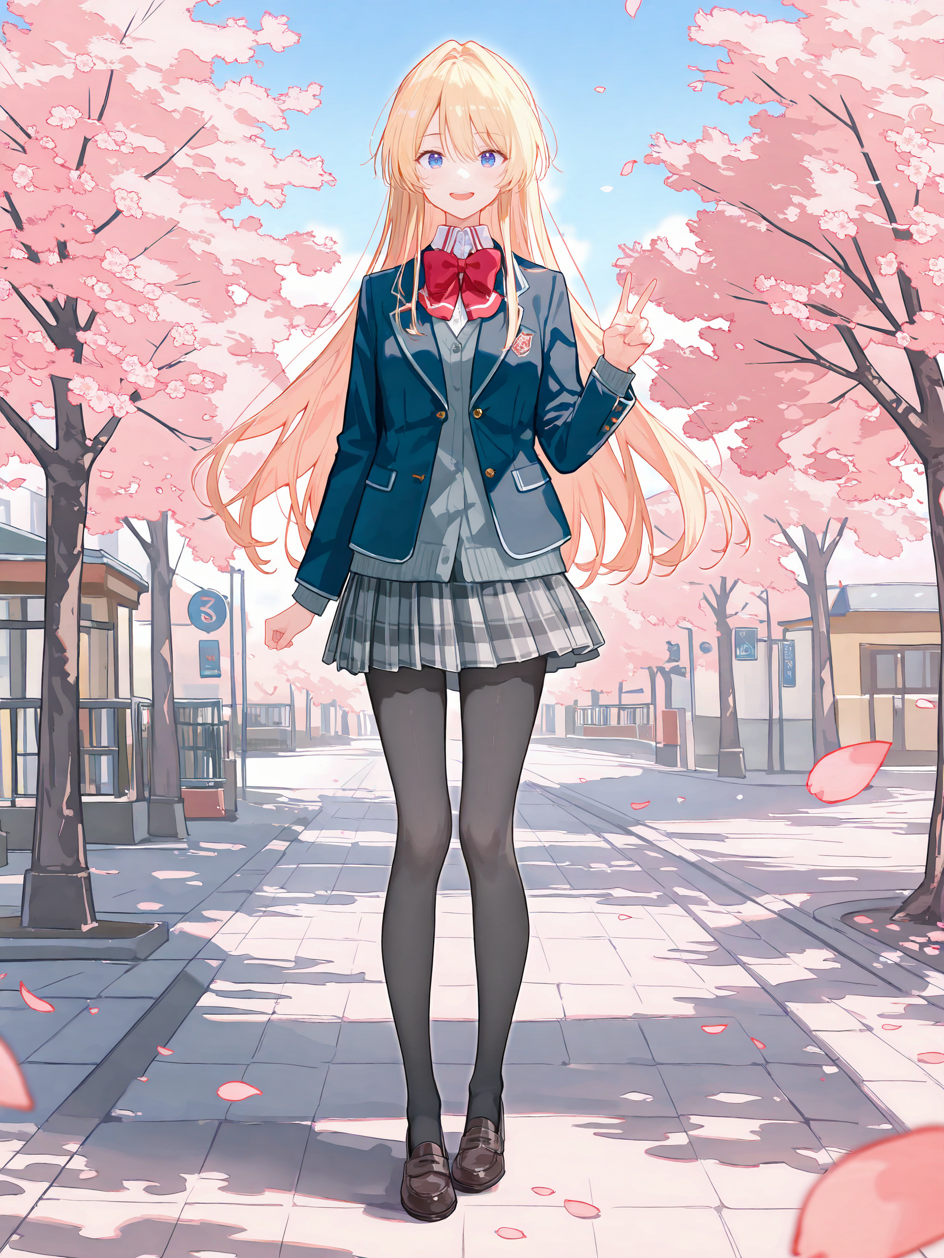 1girl, ouzuka mai, solo, blue eyes, school uniform, pleated skirt, plaid skirt, white collared shirt, blazer, red bowtie, loafers, black pantyhose, double v, looking at viewer, smile, open mouth, standing, full body, outdoors, street, cherry blossoms, petals, depth of field ,  <lora:Char-Ouzuka-Mai-V1-IL:0.9>
masterpiece, best quality, amazing quality, very aesthetic, absurdres, (ask \(askzy\), hiten \(hitenkei\):0.7), perfect features, intricate details, ray tracing, <lora:XL-aesthetic_anime:1:hr=0.1>, <lora:XL-detailed_notrigger:1:hr=0.5>