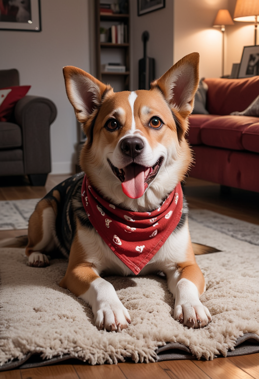 (medium full shot) of (energetic dog) with spotted thick fur, wearing a red bandana, performing digging a hole, set in  a cozy living-room, with a soft rug, a comfortable couch, a dog curled up in its bed, and a warm atmosphere , in the evening, Masterpiece,best quality, photo, realistic, very aesthetic,
