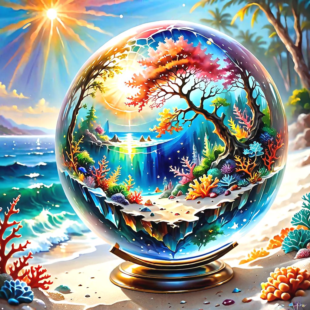 a painting of fantasy world of a crystal globe with "fantasy coral reef drawing made of fractals, (by artist "Thomas Kinkade", by  artist "Leonid Afremov") ", beautiful reflexions, fantasy water color, beach view outside, on a mini world, shattered earth, beautiful rendering, mother nature