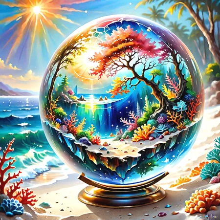 a painting of fantasy world of a crystal globe with "fantasy coral reef drawing made of fractals, (by artist "Thomas Kinkade", by  artist "Leonid Afremov") ", beautiful reflexions, fantasy water color, beach view outside, on a mini world, shattered earth, beautiful rendering, mother nature