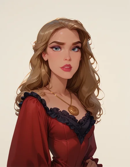 <lora:Disney_Style:.9> <lora:princess_xl_v2:.75> <lora:add-detail-xl:.9> <lora:g0th1cPXL:.3> <lora:Cherry-Gig:.45> <lora:Expressive_H:1> <lora:PLASTT_PonyV6:1> <lora:Elizabeth_Swann_ZairaSass_v1:1> score_9, score_8_up, score_7_up, zPDXL, DisneyRenstyle, score_9,score_8_up,score_7_up,score_6_up,
(white background, plain background, ambient light), (standing, 3/4 view),
1girl, solo, sexy 18 year old, british girl, (Elizabeth Swann, Black Pearl), perfect face, beautiful face, defined cheekbones, defined jawline, light brown hair, thick hair, thick dark eyebrows, dark brown eyes, dark lashes, thin lips, nude colored lips,
confident expression, narrow eyes, one hand on hip, perfect hands, 5 fingers, slender waist, tall, slender, sexy,
big red dress, red sleeves, black frills, white tunic, gold medallion necklace,