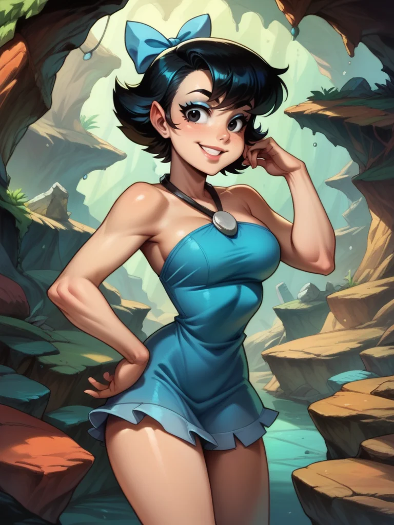 score_9, score_8_up, score_7_up, 1girl, dynamic pose, cowboy shot, looking at viewer, detailed background, smile, one hand in face, one hands on hips, cavern, vegetation, blue walls,
<lora:ABettyRubble_character:0.85>, BettyXLP, short hair, hair bow, black hair, black eyes, blue short dress, bare legs, makeup, cartoon, <lora:Realistic_2.5DAnime_Merge1:0.6>