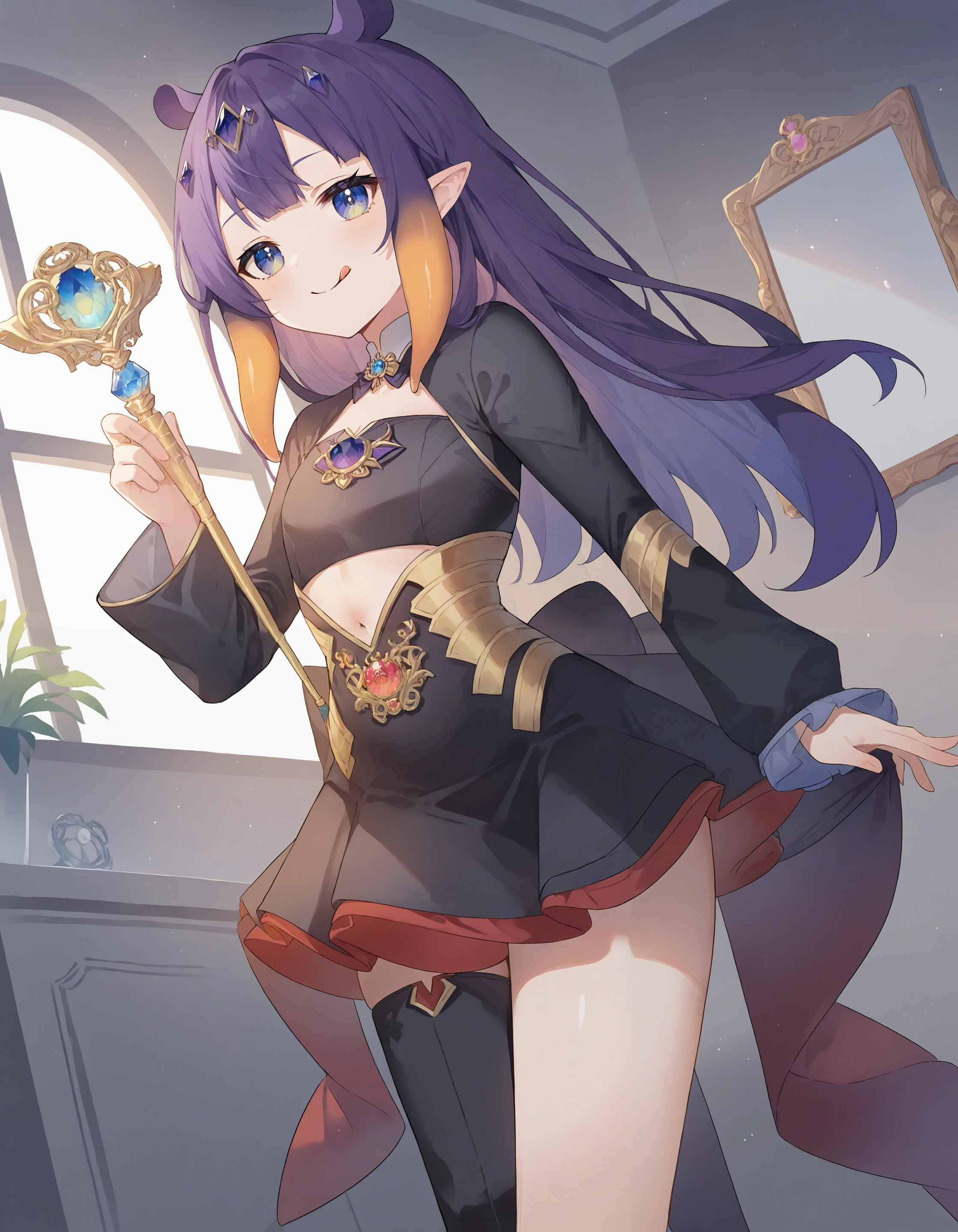score_9, score_8_up, score_7_up, source_anime,
1girl, holowitch, ninomae ina'nis, purple hair,
half-dress, houshou marine, layered dress,
long sleeves, single thigh boot, thigh boots, asymmetrical legwear, black dress, cutout above navel, frills, gold trim,
smile, licking lips, holding wand, 
interior, detailed background, bedroom,
<lora:concept_holowitch-pony-v1.2:1>  <lora:holoen-2g-v3:1>