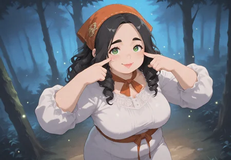 IllusP0s, PonyScores7, source_anime, ah1, IllustriousQual, interesting, exciting, spectacular, wonderful, amazing quality, absolutely eye-catching,
BREAK <lora:xl_more_art-full_v1:0.2>, <lora:aesthetic_anime_v1s:0.2>, <lora:detailxl:0.2>, detailxl, amazing quality, best aesthetic, absurdres, illustration, Volumetric_Lighting, ultra-detailed, very aesthetic, intricate details, best_quality, lazympos, <lora:Add_Details_v1.2:0.4>, <lora:quality_modifiers_masterpieces_v1:0.2>, anime style, <lora:HDA_Detailer:0.3>, <lora:natsumi_style:0.2>, <lora:by_usakun-pony:0.2>, by usakun, <lora:Akina_Bbw_Style_-_PonyXL:0.2>, AkinBw,
BREAK (((Pointing two fingers to eyes, then at you))), dynamic pose, foreshortening, extreme perspective,
BREAK 1girl, mature female, (curvy), round-chin, caucasian, <lora:ETO_OC_Illustrius:0.5>, eto_oc, skindentation, (plump), thick thighs, wide hips, busty, voluptuous, round ass, large breasts, <lora:plussizegirls_IL:0.3>, <lora:plussizegirls_pony:0.3>, <lora:shinyskin2:0.2>, glistening skin, HDA_FatGirlXL, <lora:perfection style:0.2>, perfection style, perfection,
BREAK ((beaded headscarf with intricate embroidery)),
BREAK (curly hair), long hair, (black hair:1.4), (parted hair:1.7), messy hair, kinky curls, detailed hair, <lora:hairdetailpxl:0.2>, hairdetailpxl,
BREAK (half green and brown eyes), (colorful eyes), (multicolored eyes), (downturned eyes:1.4), expressive eyes, perfect eyes, eyes hd, detailed eyes, (round face:1.2), (thick eyebrows:1.3), (plump face), lips, <lora:Round_face:0.2>,
BREAK (((an expression of awe expression))), Expressive, emotional, looking at viewer, Face Detailed, <lora:Expressive_H:0.2>, Expressiveh, <lora:Emotional_Anime_Expressions_PonyXL_Concept:0.2>, emotional, <lora:Best_Facial_Expression_LoRA_PONY:0.2>, looking at viewer, <lora:Detailed expressive EXEV style -XL Pony V1.0:0.2>, FaceDetail, <lora:Best_Facial_Expression_Helper_XTREME_ILLU:0.4>, kaogei,
BREAK (((dark Forest, Enchanted Grove, Moonlit clearing surrounded by towering ancient trees, thick undergrowth of ferns and moss, fireflies dancing in the air, a gentle breeze rustling through the leaves))), (((bust))), 4k, 8k, Ultra HD, Masterpiece, Best quality, Detailed background, full_details, <lora:AddMicroDetails_Illustrious_v3:0.2>, addmicrodetails,