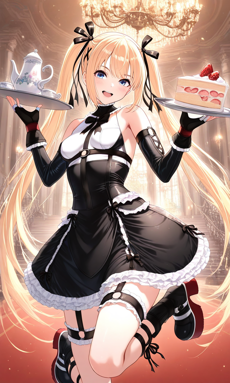 general,highres, ultra-detailed,very aesthetic,best quality ,best hands, BREAK  <lora:Marie_Rose_DOA_IS:1>
Marie_Rose(DOA), 1girl, solo, blonde hair, marie rose, twintails, very long hair, hair ribbon, black ribbon, blue eyes, x hair ornament, bangs, medium breasts, 
choker, harness, frilled dress, gothic dress, two-tone dress, detached sleeves, frilled sleeves, 
black gloves, fingerless gloves, thigh strap, black boots, platform boots, excited, smile, holding tray, slice of cake, looking at viewer, mansion, chandelier, teapot,