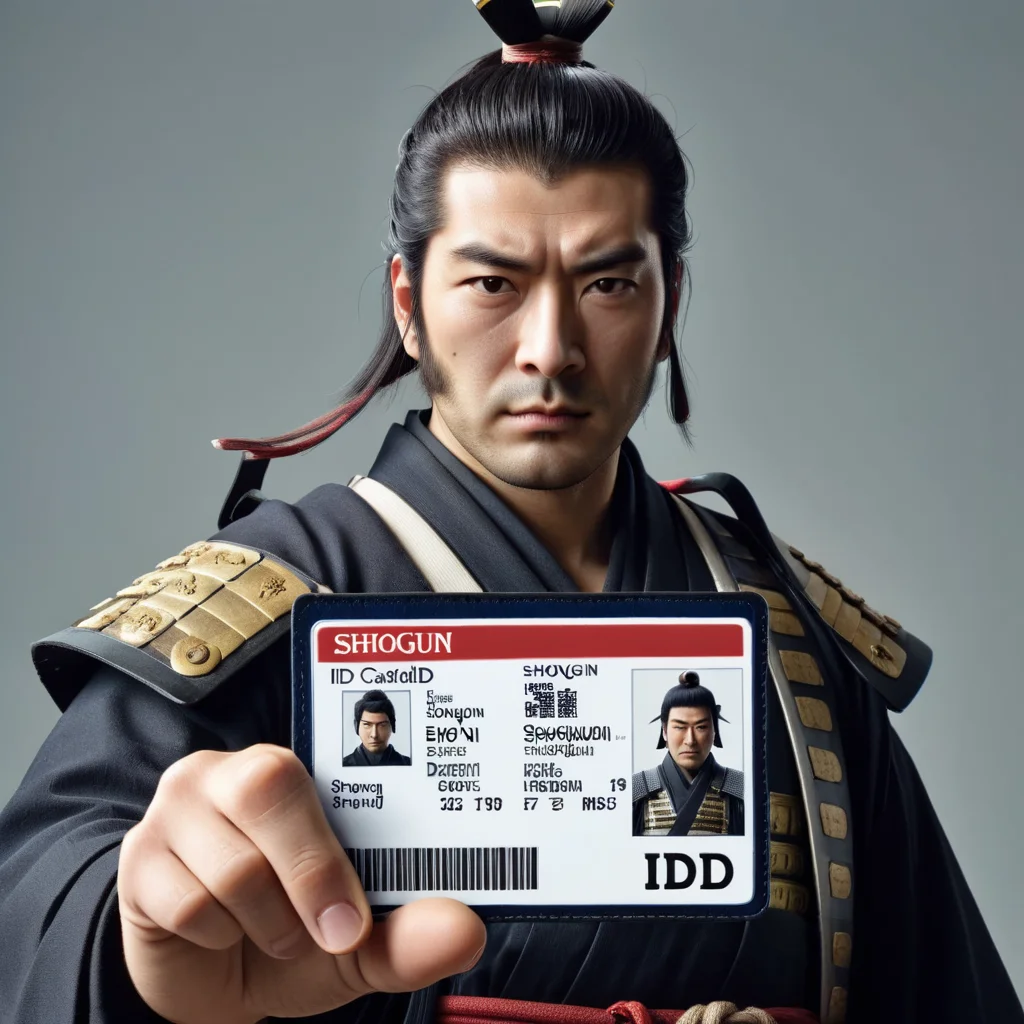 a shogun holding a shogun id card,<lora:seemycard3:0.8>