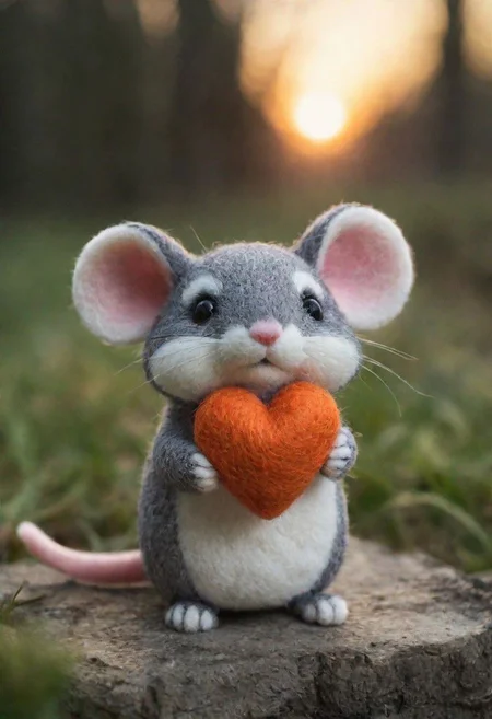 a small, simple, cuddly felt mouse holding a felt heart in its tiny hands, gazing directly into the camera with a joyful smile. The scene is so sweet that it melts even the toughest hearts. Describe the loving atmosphere created by the combination of felt, smiles, and hearts diring a beautiful sunrise