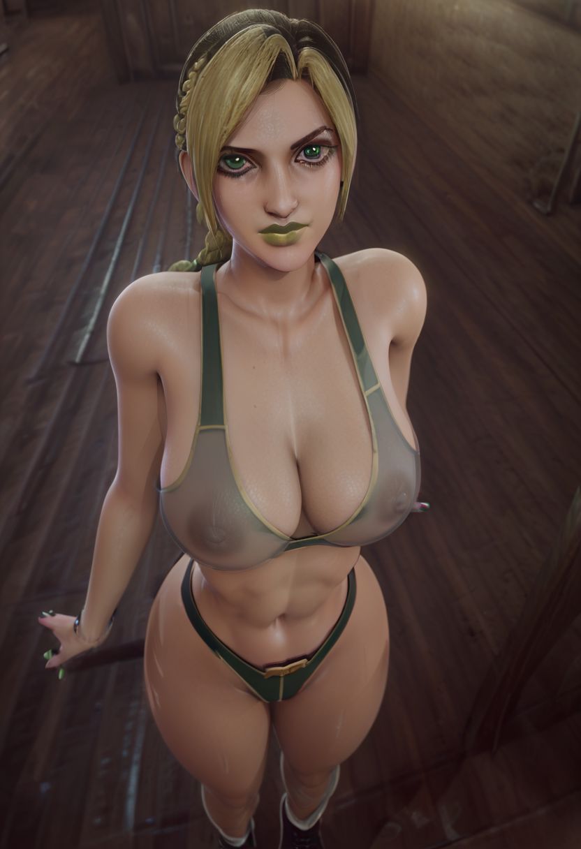score_9, score_8_up, score_7_up, score_6_up, score_5_up, score_4_up, closed mouth, BREAK solo,  large breast, thick thighs,   simple background,  negative_hand,   X3dCE, 3d,  looking at viewer,  OverallDetail,   realistic, ultra realistic, multicolor hair, braided hair, makeup, green lipstick, joylne cujoh, clothed, full body shot, standing, able to see stomach