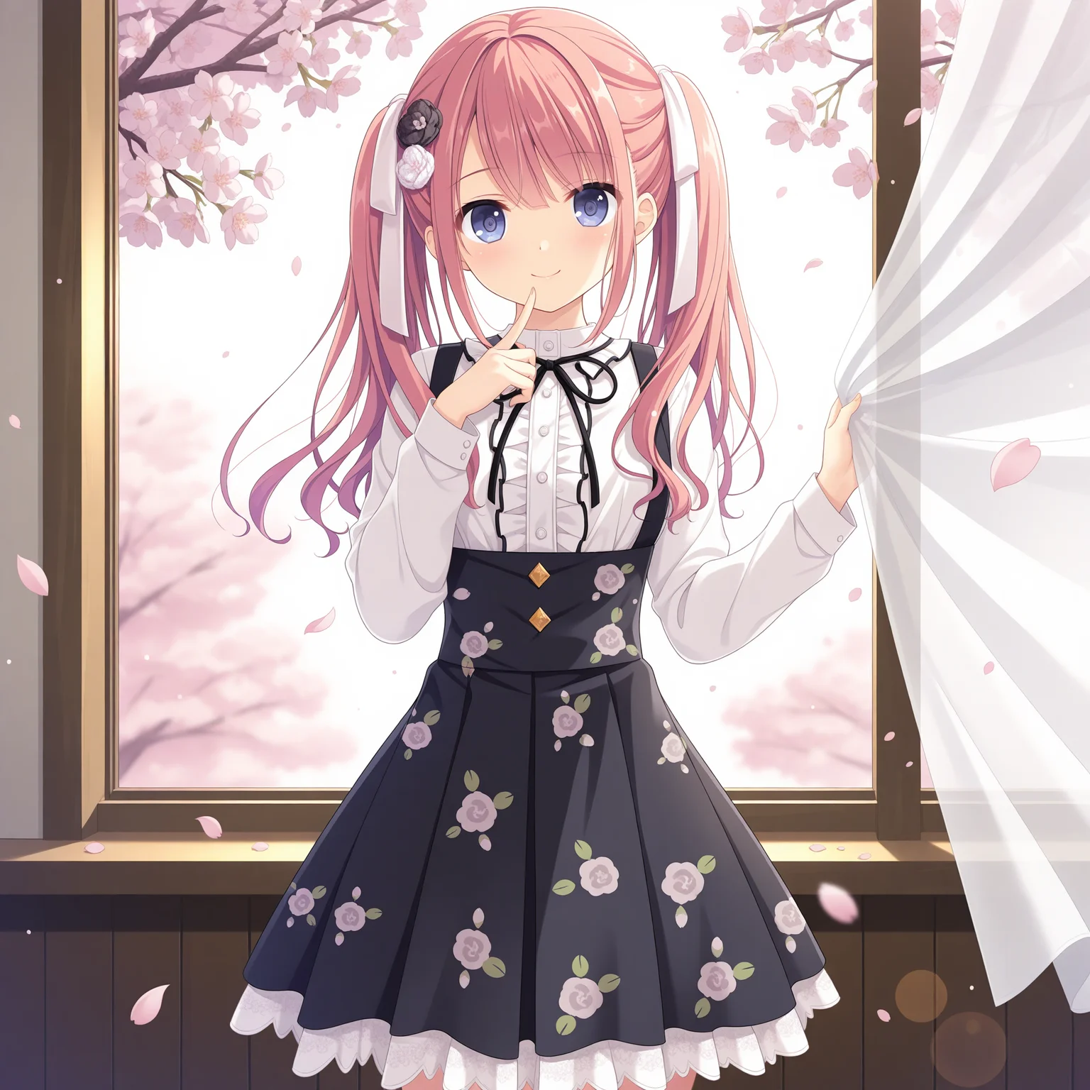 <lora:Shirakawa_Akari_1_nai-000035:1>,Shirakawa Akari,
twintails,hair ribbon,white ribbon,hair flower,black flower,white flower,floral print,long sleeves,neck ribbon,black ribbon,white shirt,pleated skirt,black skirt,high-waist skirt,suspender skirt,print skirt,frilled skirt,white frills,center frills,
BREAK
1girl,solo,smile,window,standing,curtains,curtain grab,looking at viewer,front view,cowboy_shot,finger to mouth,depth of field,lens_flare,cherry blossoms,petals,falling petals,