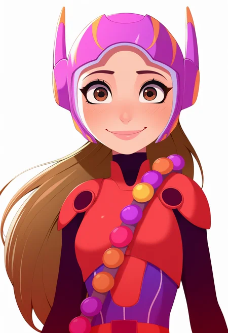 best quality, amazing quality, very aesthetic, absurdres, thick lineart,
1girl, hlhero, brown eyes, brown hair, long hair,
helmet, pink bodysuit, superhero,
upper body,
smile, looking at viewer, solo, simple background, white background, <lora:HoneyLemonNoobXL_byKonan:1>