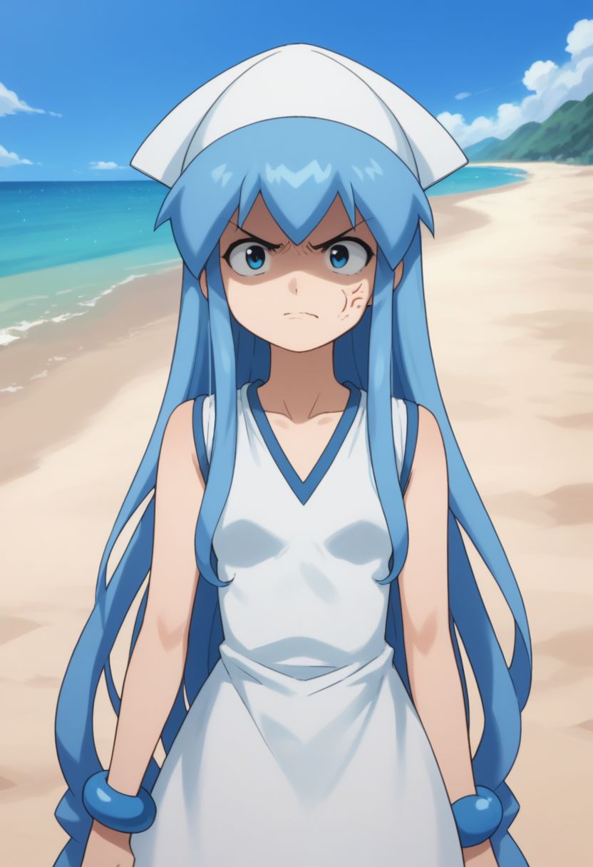 score_9, score_8_up, score_7_up, source_anime, highly detailed, 
ika, 1girl, solo, blue eyes, blue hair, hat, tentacle hair, long hair, dress, bracelet, jewelry, upper body, shaded face, angry, anger vein, parody,
outdoor, beach,