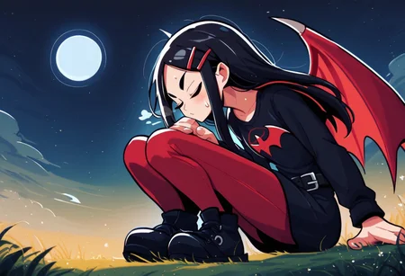 score_9, score_8_up, score_7_up, score_6_up, score_5_up, score_4_up, prngs,
BREAK,
Sickle_20s, black tunic, (bat logo), belt, red stockings, black shoes, long hair, black hair, hair clip, (wings), eyes closed, kneeling, hand on chest, breath, sweat, low angle shot,
BREAK,
clouds, night, glowing moon, stars, grass, field