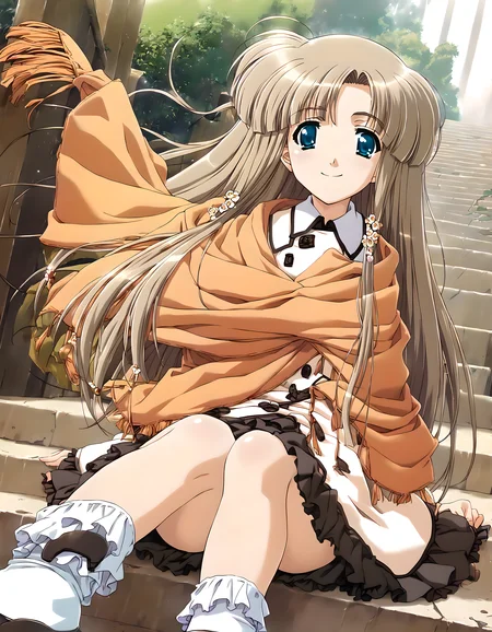 <lora:pony_xl_amu:0.9>,amu,score_9,score_8_up,score_7_up,source_anime,best quality,masterpiece,super fine illustration,1girl,solo,smile,kind_smile,long_coat,long sleeves,scarf,shawl,poncho,fringe trim,ankle socks,black shoes,mary_janes,standing,school,stairs,sitting,knees_together_feet_apart,full_shot,