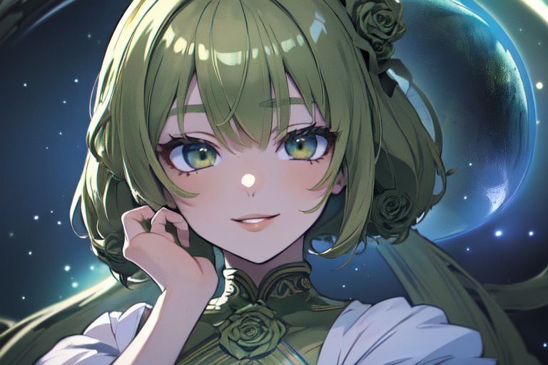 (masterpiece:1.4), 4K8K, (anime style), (high shutterspeed:1.4), (sharp edges), 
SyFyEye1, FanFo, 
1woman  hands togather,  leaning foward, face focus, smile, closed mouth, 
wearing Celtic style dress, (Detailed face, Detailed eyes, Detailed lips), (solo), 
olive hair, any colored roses, Fantastic, turf, planet,
