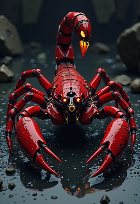 <lora:FluxCreative:0.85>, macro shot,  photo of a large red mechanized scorpion with cameras for eyes, yellow laser powered stinger on tail, razor sharp pincers with jagged edges,crawling on a smooth black wet  surface, extreme close up, mechanized scorpion has robotic legs ending in sharp points, the glowing stinger is poised to strike, extremely detailed photography, complex machinery, every detail highlighted, deep shadows add a three  dimensional look to the photo, ominous, menacing, grim, scifi horror style, dramatic angle,  <lora:NewFantasyCoreV3:0.85>
