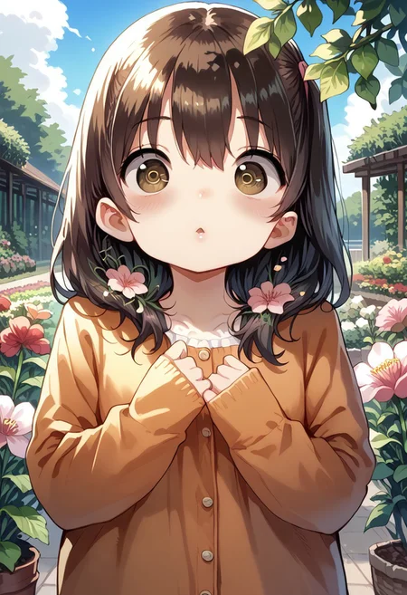 score_9, score_8_up, score_7_up, source_anime, masterpiece, absurdres, perfect face, solo cute expression, perfect face, PonsukeP, 1girl, solo, dark hair, dark brown eyes, bright eyes, split lips, blush, cute, garden, day, flowers.