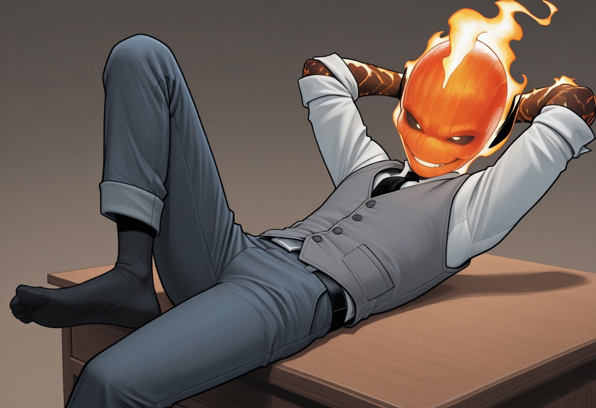 masterpiece, absurdres, high quality, perfect anatomy, 1boy, solo, cute boy, male focus, doyle, Orange Fire, Black Scelera, colored scelera, white shirt, grey vest, belt, sleeves rolled up, smug smile, sitting in desk, hands behind head, leaning back, feet on desk, cinematic, intricately detailed illustration, depth of field, masterpiece, best quality, amazing quality, very aesthetic, absurdres, newest, very awa,  shadow, dynamic angle, casual cosplay, dynamic pose, simple background,