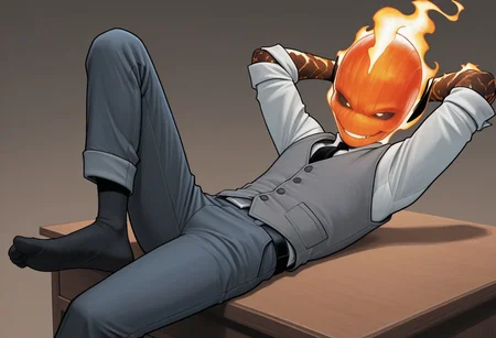 masterpiece, absurdres, high quality, perfect anatomy, 1boy, solo, cute boy, male focus, doyle, Orange Fire, Black Scelera, colored scelera, white shirt, grey vest, belt, sleeves rolled up, smug smile, sitting in desk, hands behind head, leaning back, feet on desk, cinematic, intricately detailed illustration, depth of field, masterpiece, best quality, amazing quality, very aesthetic, absurdres, newest, very awa,  shadow, dynamic angle, casual cosplay, dynamic pose, simple background,