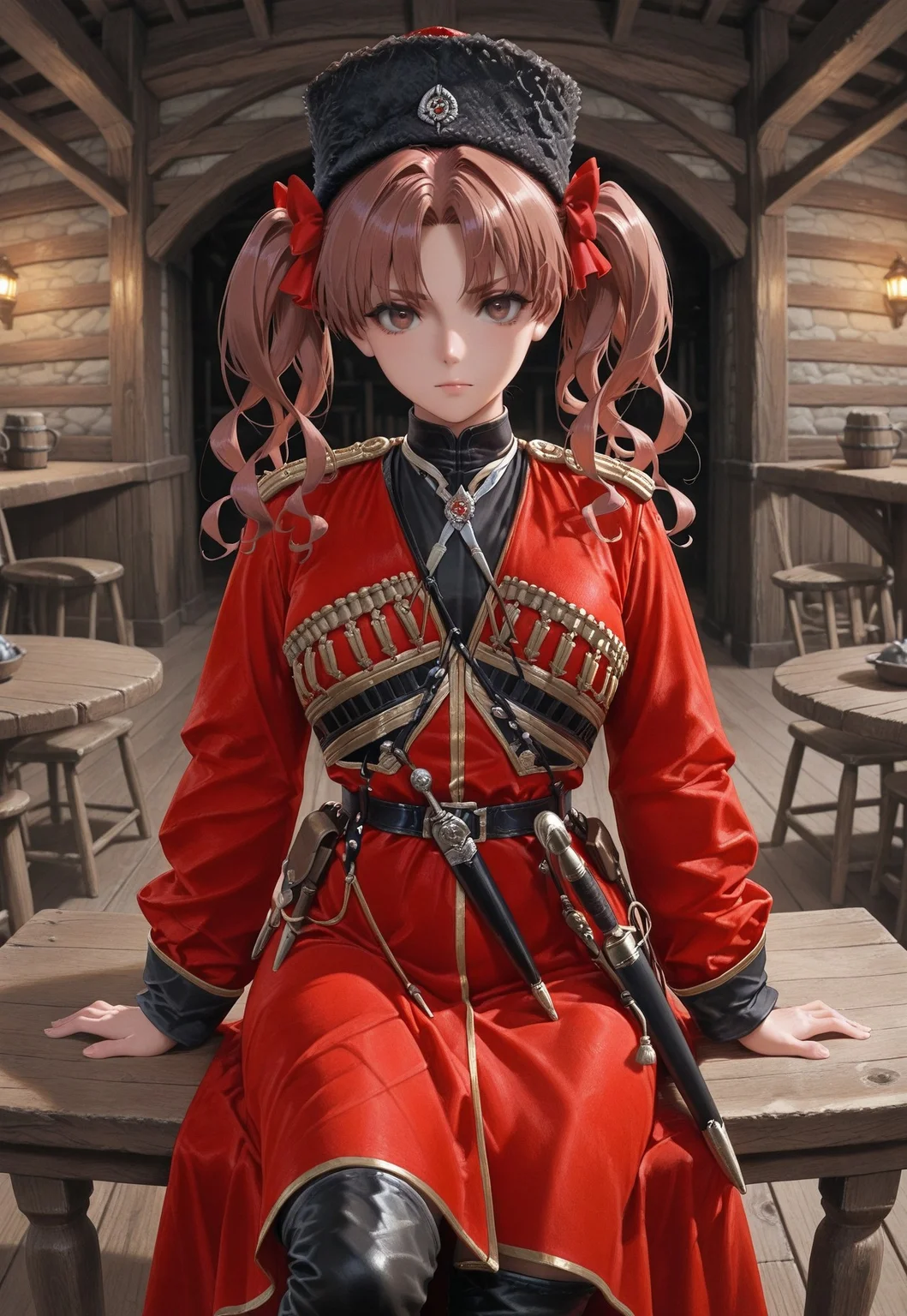 masterpiece, best quality, amazing quality, absurdres, one girl, shirai kuroko, brown eyes, brown hair, long hair, hair bow, red bow, twintails, parted bangs, k4z4k, black fur hat, red coat, black shirt, sheath, sword, military uniform, dagger, black boots, sitting, chair, wooden chair, table, wooden table, tavern, cowboy shot, looking at viewer,