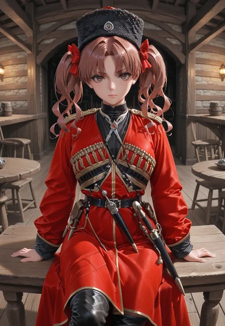 masterpiece, best quality, amazing quality, absurdres, one girl, shirai kuroko, brown eyes, brown hair, long hair, hair bow, red bow, twintails, parted bangs, k4z4k, black fur hat, red coat, black shirt, sheath, sword, military uniform, dagger, black boots, sitting, chair, wooden chair, table, wooden table, tavern, cowboy shot, looking at viewer,
