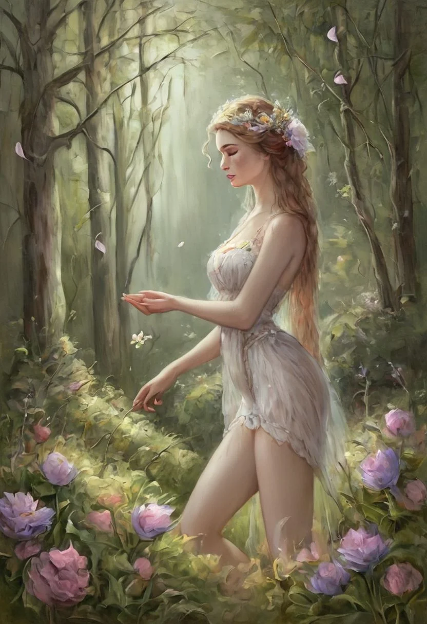 score_9, score_8_up, score_7_up, An 18-year-old girl, her painterly beauty enhanced by the gentle light rain that kisses her skin. She stands in a lush meadow, surrounded by a profusion of colorful flowers, her scantily dressed form almost lost among the vibrant blooms. The soft, wet grass caresses her bare legs, accentuating their graceful curves. Her long, wet hair clings to her slender back and shoulders, cascading down to meet her petite frame. One hand rests delicately on a graceful tree branch, while the other caresses the petals of a nearby flower. Her expression is one of serenity and contentment, as if she has found peace amidst the beauty that surrounds her. Even as the light rain continues to fall, the sun manages to break through the clouds, casting a warm, golden light across her wet form, creating a breathtaking contrast of color and texture. The meadow stretches out behind her, fading into the distance, its flowers swaying gently in the breeze. The girl's beauty is almost ethereal, as if she were a vision from another world, a testament to the enduring power of innocence and the allure of nature's embrace.