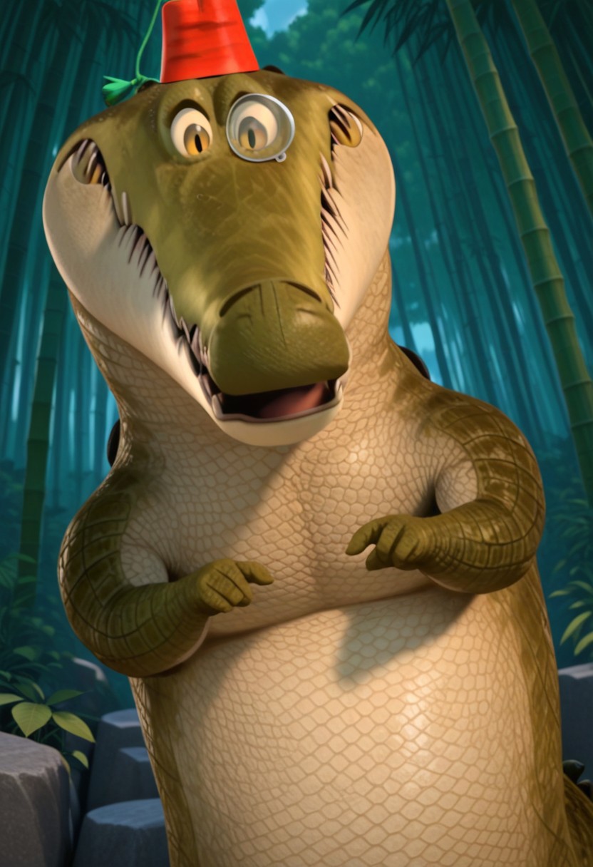 Crocodile_Ambassador, crocodile, sharp teeth, jagged teeth, fangs, dark green scales, tan belly scales, monocle, fez, red fez, red fez with green string attached, yellow sclera, black pupils, small eyes, tail, thick tail, 1boy, smile, looking at viewer, (masterwork, masterpiece), forest, jungle, bamboo, rocks, nervous, blushing