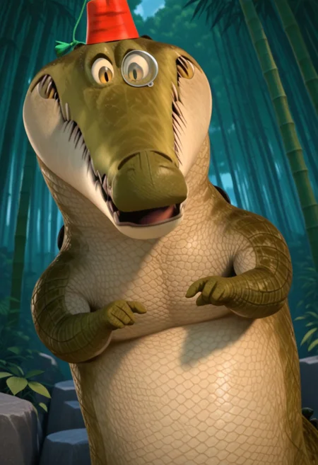 Crocodile_Ambassador, crocodile, sharp teeth, jagged teeth, fangs, dark green scales, tan belly scales, monocle, fez, red fez, red fez with green string attached, yellow sclera, black pupils, small eyes, tail, thick tail, 1boy, smile, looking at viewer, (masterwork, masterpiece), forest, jungle, bamboo, rocks, nervous, blushing