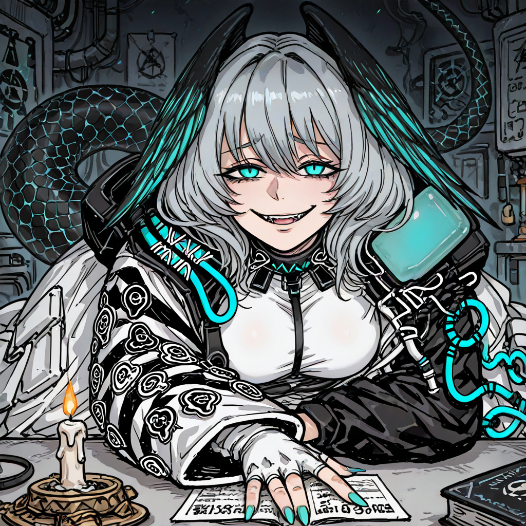 masterpiece, best quality, amazing quality, very aesthetic, absurdres, newest,
((safe rating)), 
absurdres, highres, 1girl, aqua nails, black background, blunt bangs, coat, detached collar, fingernails, glint, glowing, glowing eyes, gradient hair, gradient wings, small breasts, single tail, grey hair, hair between eyes, head wings, multicolored hair, multicolored wings, open mouth, dynamic pose, shade, sharp fingernails, short hair, solo, wavy hair, wings, evil smile, slim, full body, laboratory table, books, black crystal, shadows, candle, forbidden knowlidge,