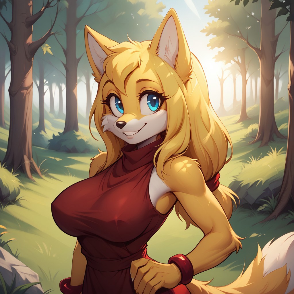 score_9, score_8, BREAK, solo, Zooey the Fox, yellow skin, blue eyes, red dress, red bracelets, yellow tail, furry, furry female, adult female, mature female, breasts, sexy pose, self portrait, smile, outdoors, sunlight, shadows, evening lighting, natural lighting, forest, trees, grass, orange sky, sunset