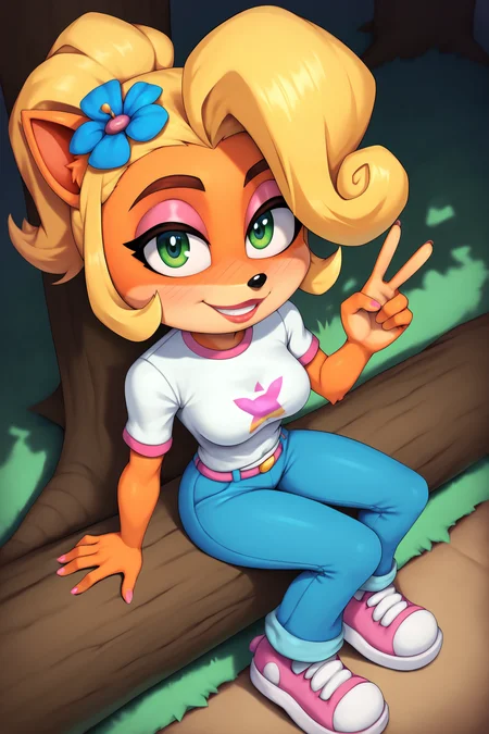 score_9, score_8_up, score_7_up, score_6_up, BREAK, CocoBandicootCNKPXL, anthro furry, furry female, body fur, orange fur, green eyes, blonde hair, short hair, ponytail, huge ahoge, hair flower, animal ears, medium breasts, white shirt, short sleeves, blue pants, pink shoes, solo, sitting, above view, peace sign, seductive smile, looking at viewer, naughty face, nose blush, forest, tree <lora:CocoBandicootCNKPXL:1>