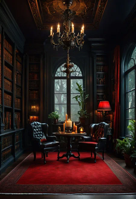 ((masterpiece, best quality)), high resolution, highly detailed, 32k picture, realistic, professional photo, Dark Academia, indoors, dark theme, tree, no humans, window, chair, table, plant, lamp, candle, library, red carpet, candlestand, chandelier, books,
