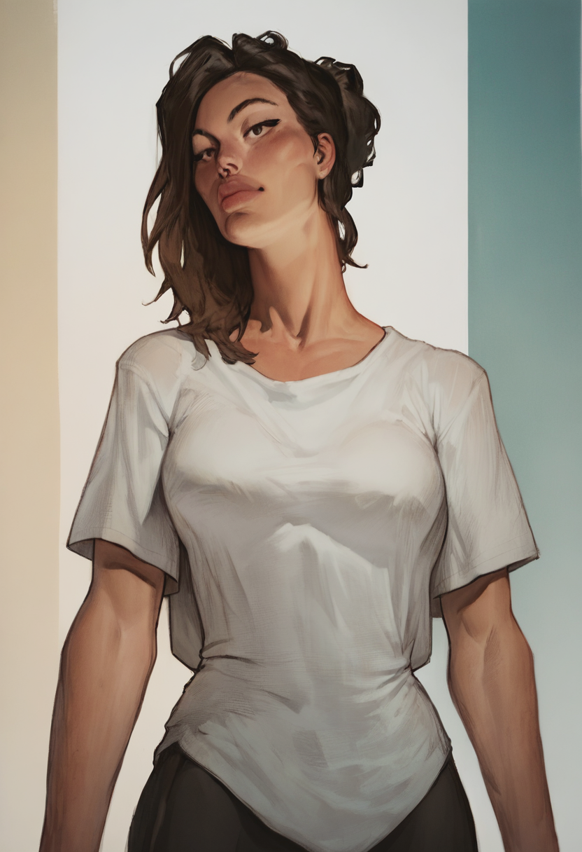 source_cartoon, score_9, score_8_up, score_7_up, 1girl, solo, Posing as if about to throw a dart, rotated, (Persian blue taut shirt), dark blond hair, cropped_torso, rating_safe, <lora:pony\artist_styles\irn_pony:1.0>