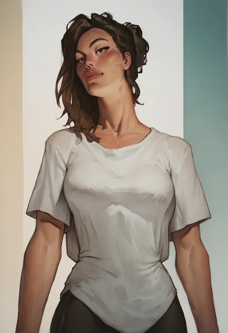 source_cartoon, score_9, score_8_up, score_7_up, 1girl, solo, Posing as if about to throw a dart, rotated, (Persian blue taut shirt), dark blond hair, cropped_torso, rating_safe, <lora:pony\artist_styles\irn_pony:1.0>